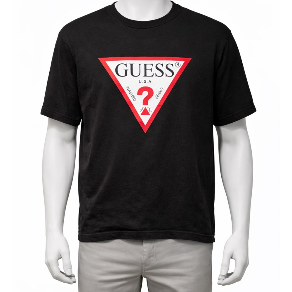 GUESS Men’s ECO Black and Red Triangle 100% Organic Cotton Logo T-Shirt